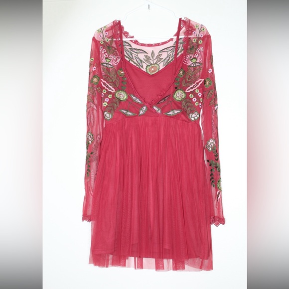Frock And Frill Sequin Embroidered Floral Flowers Red Boho Mesh Dress S - Picture 2 of 5